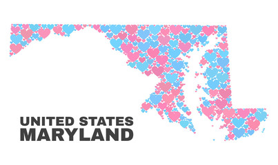 Obraz premium Mosaic Maryland State map of valentine hearts in pink and blue colors isolated on a white background. Lovely heart collage in shape of Maryland State map. Abstract design for Valentine illustrations.