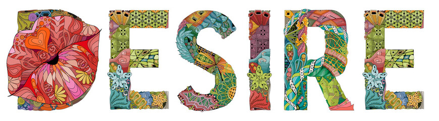 Word DESIRE with lips silhouette. Vector zentangle object for decoration