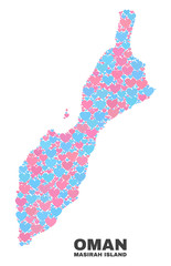 Mosaic Masirah Island map of valentine hearts in pink and blue colors isolated on a white background. Lovely heart collage in shape of Masirah Island map. Abstract design for Valentine decoration.