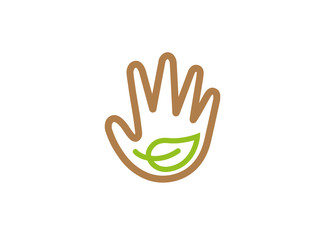 Fototapeta na wymiar A leaf inside the hand for protect plants for logo design