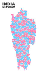 Mosaic Mizoram State map of lovely hearts in pink and blue colors isolated on a white background. Lovely heart collage in shape of Mizoram State map. Abstract design for Valentine decoration.