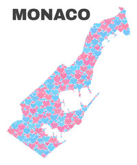 Mosaic Monaco map of valentine hearts in pink and blue colors isolated on a white background. Lovely heart collage in shape of Monaco map. Abstract design for Valentine decoration.