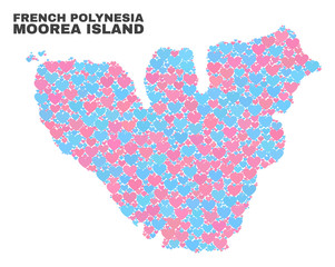 Mosaic Moorea Island map of lovely hearts in pink and blue colors isolated on a white background. Lovely heart collage in shape of Moorea Island map. Abstract design for Valentine illustrations.