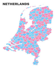 Mosaic Netherlands map of valentine hearts in pink and blue colors isolated on a white background. Lovely heart collage in shape of Netherlands map. Abstract design for Valentine decoration.