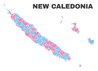 Mosaic New Caledonia Islands map of valentine hearts in pink and blue colors isolated on a white background. Lovely heart collage in shape of New Caledonia Islands map.