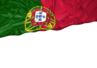National flag of Portugal hoisted outdoors with white background. Portugal Day Celebration