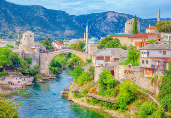 Landscape of Mostar and bridge in Bosnia and Herzegovina - obrazy, fototapety, plakaty
