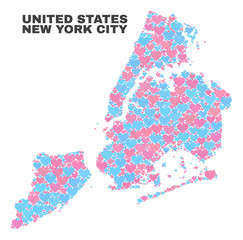 Mosaic New York City map of lovely hearts in pink and blue colors isolated on a white background. Lovely heart collage in shape of New York City map. Abstract design for Valentine illustrations.