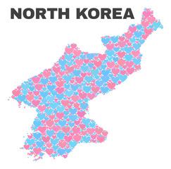 Obraz premium Mosaic North Korea map of lovely hearts in pink and blue colors isolated on a white background. Lovely heart collage in shape of North Korea map. Abstract design for Valentine illustrations.
