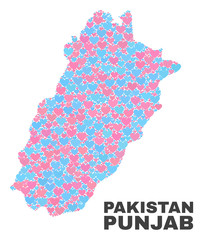 Mosaic Punjab Province map of love hearts in pink and blue colors isolated on a white background. Lovely heart collage in shape of Punjab Province map. Abstract design for Valentine illustrations.