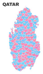 Mosaic Qatar map of lovely hearts in pink and blue colors isolated on a white background. Lovely heart collage in shape of Qatar map. Abstract design for Valentine decoration.