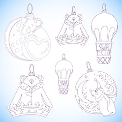 Christmas rodents collection. Coloring. New Year 2020. Year of the rat. Year of the mouse. Christmas toys in the form of a rat.