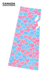 Mosaic Saskatchewan Province map of valentine hearts in pink and blue colors isolated on a white background. Lovely heart collage in shape of Saskatchewan Province map.