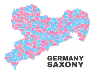Mosaic Saxony Land map of love hearts in pink and blue colors isolated on a white background. Lovely heart collage in shape of Saxony Land map. Abstract design for Valentine decoration.