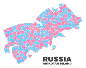 Mosaic Shikotan Island map of love hearts in pink and blue colors isolated on a white background. Lovely heart collage in shape of Shikotan Island map. Abstract design for Valentine illustrations.