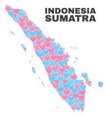 Mosaic Sumatra map of love hearts in pink and blue colors isolated on a white background. Lovely heart collage in shape of Sumatra map. Abstract design for Valentine decoration.