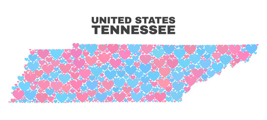 Mosaic Tennessee State map of lovely hearts in pink and blue colors isolated on a white background. Lovely heart collage in shape of Tennessee State map. Abstract design for Valentine illustrations.