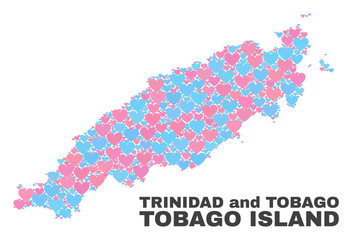 Obraz premium Mosaic Tobago Island map of lovely hearts in pink and blue colors isolated on a white background. Lovely heart collage in shape of Tobago Island map. Abstract design for Valentine illustrations.