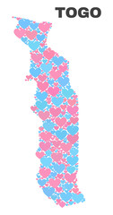 Mosaic Togo map of valentine hearts in pink and blue colors isolated on a white background. Lovely heart collage in shape of Togo map. Abstract design for Valentine illustrations.