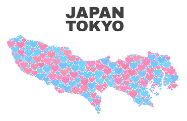 Mosaic Tokyo Prefecture map of love hearts in pink and blue colors isolated on a white background. Lovely heart collage in shape of Tokyo Prefecture map. Abstract design for Valentine decoration.