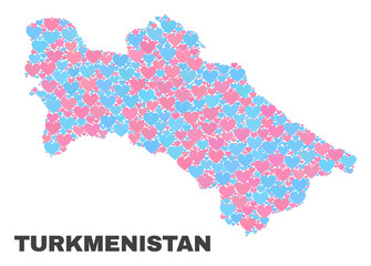 Mosaic Turkmenistan map of love hearts in pink and blue colors isolated on a white background. Lovely heart collage in shape of Turkmenistan map. Abstract design for Valentine illustrations.