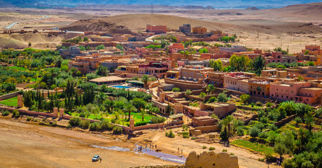 Desert village with Kasbah Ait Ben Haddou near Atlas Mountains, Morocco