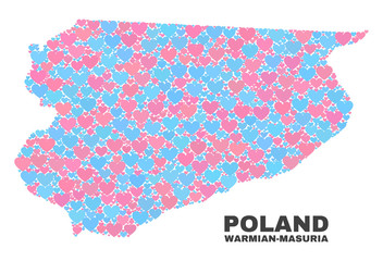 Mosaic Warmian-Masurian Voivodeship map of love hearts in pink and blue colors isolated on a white background. Lovely heart collage in shape of Warmian-Masurian Voivodeship map.