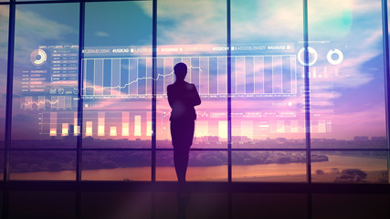 Fototapeta na wymiar Silhouette of business woman and stock exchange infographics