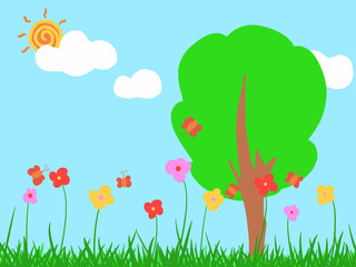 잔디와 꽃 그리고 나무와 나비 그리고 구름과 태양 