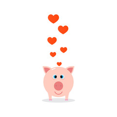 Happy Valentine's Day pink pig with hearts. Vector illustration .