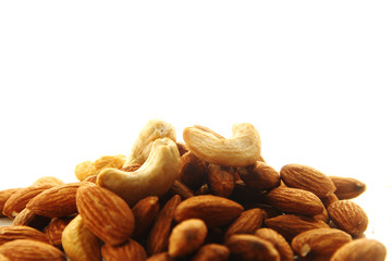 Cashew and Almond nut on white background