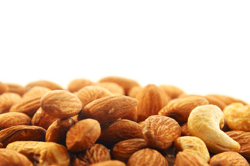 Almond and cashew nut on white background