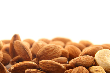 Almond and cashew nut on white background