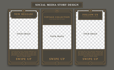 Editable Social media story design template in vintage artdeco retro frame style for new product promotion collage of product details and follow action with paragraph text