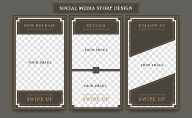 Editable Social media story design template in vintage artdeco retro frame style for new product promotion collage of product details and follow action - obrazy, fototapety, plakaty
