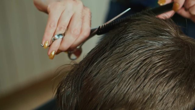 Close up of Hands of the hairdresser who cuts the hair of the boy in the hairdressing salon.