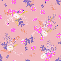 Obraz premium Sweet pastel Wild flower pattern in the many kind of florals. Botanical Motifs scattered random. Seamless vector texture. For fashion prints. Printing with in hand drawn style