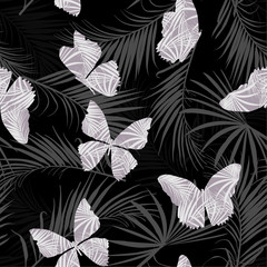 Dark Tropical pattern fill-in  butterfly flying on the exotic forest seamless pattern vector design for fashion, fabric, wallpaper, and all prints