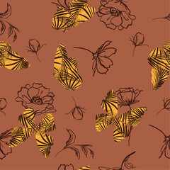 Retro Butterfly fill-in tropical pattern flying on hand sketch doodle flower and leaves seamless vector design for fashion,fabric,wallpaper,and all prints