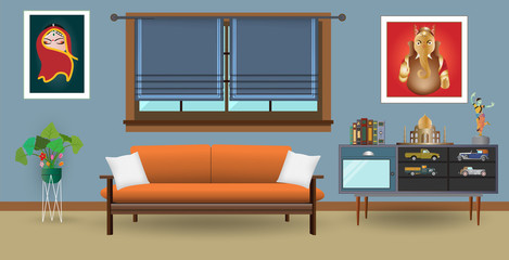 Retro colorful living room interior design. Flat style vector illustration