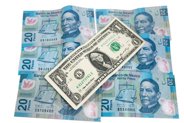 twenty pesos and one dollar