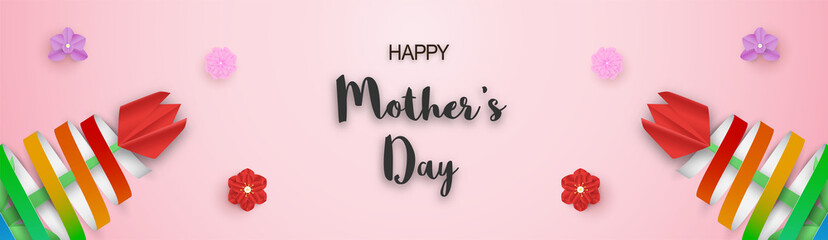 Template design for happy mother's day. Vector illustration in paper cut and craft style. Decoration background with flowers for invitation, cover, banner, advertisement.