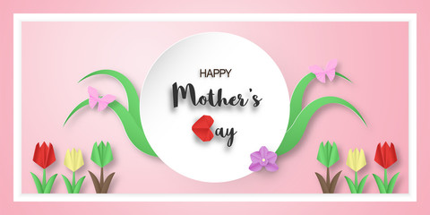 Template design for happy mother's day. Vector illustration in paper cut and craft style. Decoration background with flowers for invitation, cover, banner, advertisement.