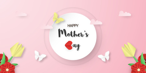 Template design for happy mother's day. Vector illustration in paper cut and craft style. Decoration background with flowers for invitation, cover, banner, advertisement.