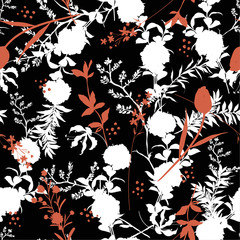 Beautiful dark night Silhouette Abstract with botanical seamless pattern with leaves and flowers Background with flowers vector on modern style,
