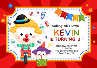 Cute Clown Theme Birthday Invitation