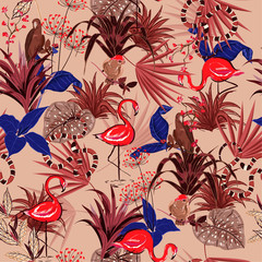 Beautiful vintage Summer Tropical  flowers, palm leaves, jungle plants, birds, pink flamingos,snake, seamless vector floral pattern background, exotic botanical wallpaper