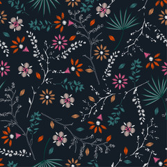 Embroidery colorful floral seamless pattern with liberty botanical leaves. Vector  flowers bouquet