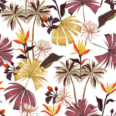 Vintage mood of vector seamless beautiful artistic bright tropical pattern with exotic forest. Colorful original stylish floral background print,