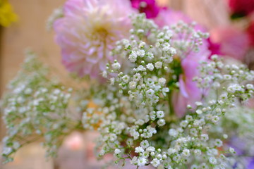 Obraz premium Flower bouquet with colorful Gypsophila and pink chrysanthemum daisy flower